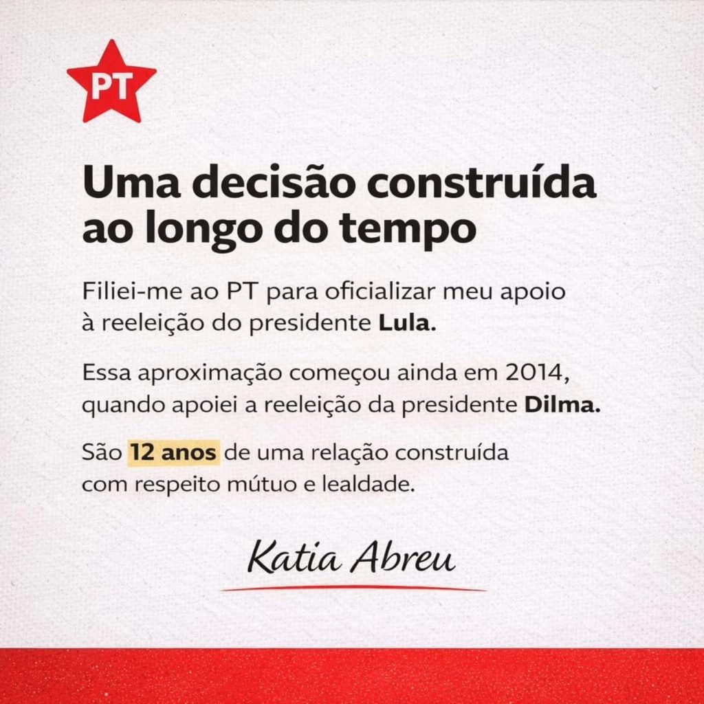 Senadora Kátia Abreu durante anúncio de permanência no PT. - Reprodução Redes socias