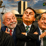 Judiciário e polarização: por que a direita fala em seletividade? - Ilustração digital IA em estilo caricatura editorial mostrando, em primeiro plano, Alexandre de Moraes, Luiz Inácio Lula da Silva, Jair Bolsonaro, Valdemar Costa Neto e Flávio Bolsonaro. Ao fundo, aparecem a Estátua da Justiça, os prédios do Congresso Nacional, o espelho d'água e a bandeira do Brasil sob um céu dramático ao entardecer. A composição remete ao debate sobre o papel do Judiciário, a polarização política e as relações entre os Poderes da República.