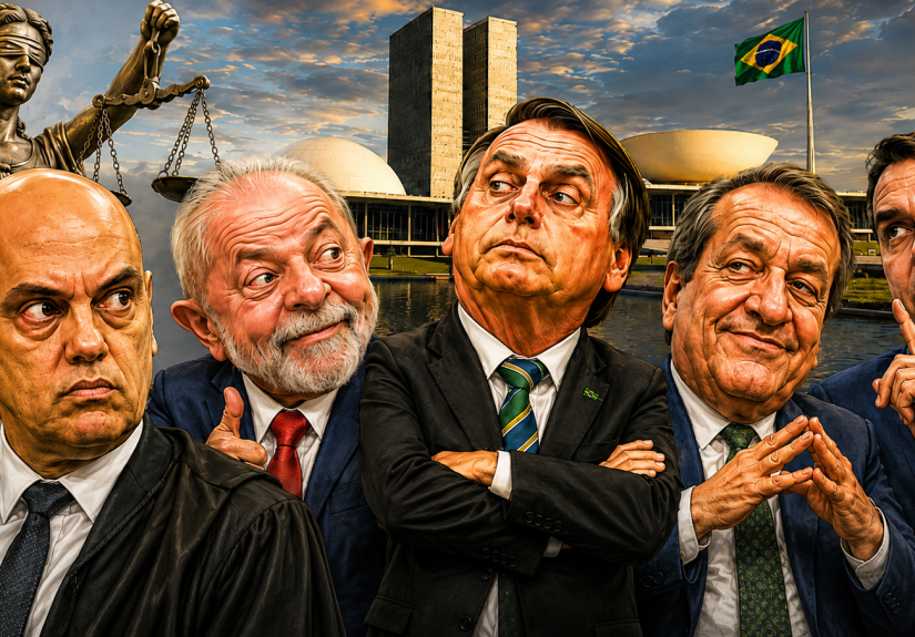 Judiciário e polarização: por que a direita fala em seletividade? - Ilustração digital IA em estilo caricatura editorial mostrando, em primeiro plano, Alexandre de Moraes, Luiz Inácio Lula da Silva, Jair Bolsonaro, Valdemar Costa Neto e Flávio Bolsonaro. Ao fundo, aparecem a Estátua da Justiça, os prédios do Congresso Nacional, o espelho d'água e a bandeira do Brasil sob um céu dramático ao entardecer. A composição remete ao debate sobre o papel do Judiciário, a polarização política e as relações entre os Poderes da República.