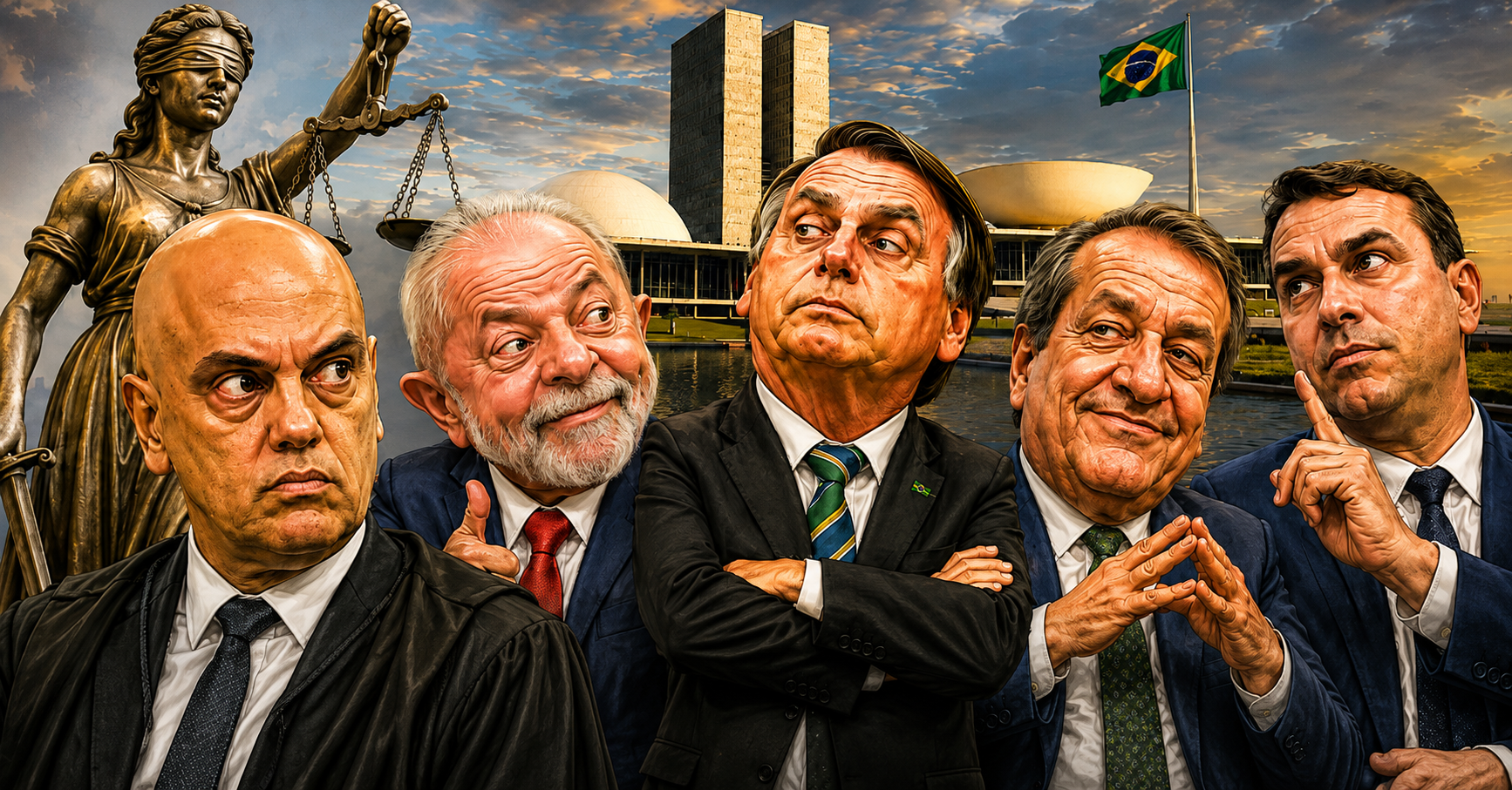 Judiciário e polarização: por que a direita fala em seletividade? - Ilustração digital IA em estilo caricatura editorial mostrando, em primeiro plano, Alexandre de Moraes, Luiz Inácio Lula da Silva, Jair Bolsonaro, Valdemar Costa Neto e Flávio Bolsonaro. Ao fundo, aparecem a Estátua da Justiça, os prédios do Congresso Nacional, o espelho d'água e a bandeira do Brasil sob um céu dramático ao entardecer. A composição remete ao debate sobre o papel do Judiciário, a polarização política e as relações entre os Poderes da República.